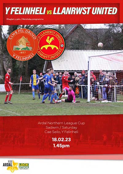 Y Felinheli v Llanrwst United matchday programme. Football being played on a football pitch