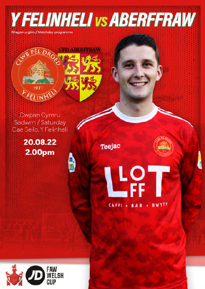 Y Felinheli v Aberffraw matchday programme. Man wearing football shirt