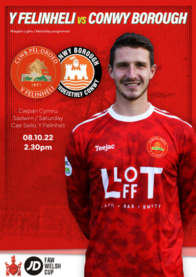 Y Felinheli v Aberffraw matchday programme. Man wearing football shirt