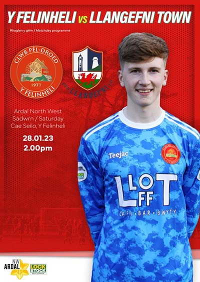 Y Felinheli v Llangefni Town matchday programme. Man wearing football shirt